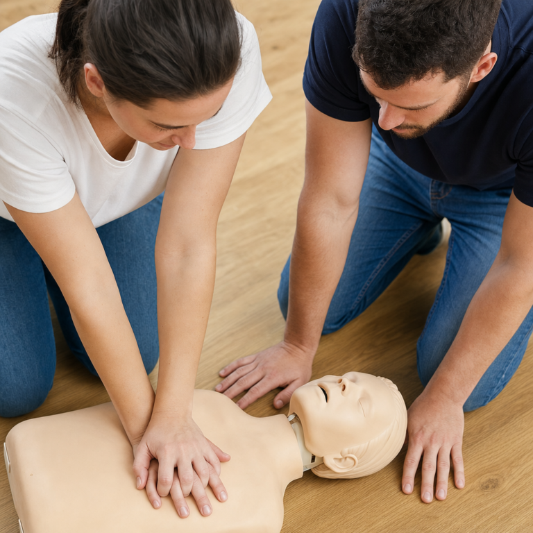Adults practicing chest compressions on a CPR training manikin during a class