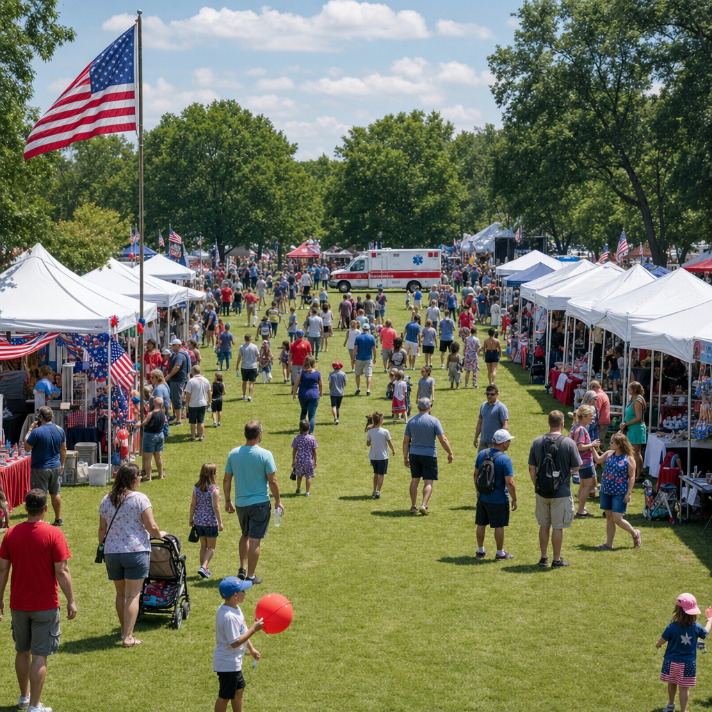 An outdoor community festival with white vendor tents and an ambulance on standby