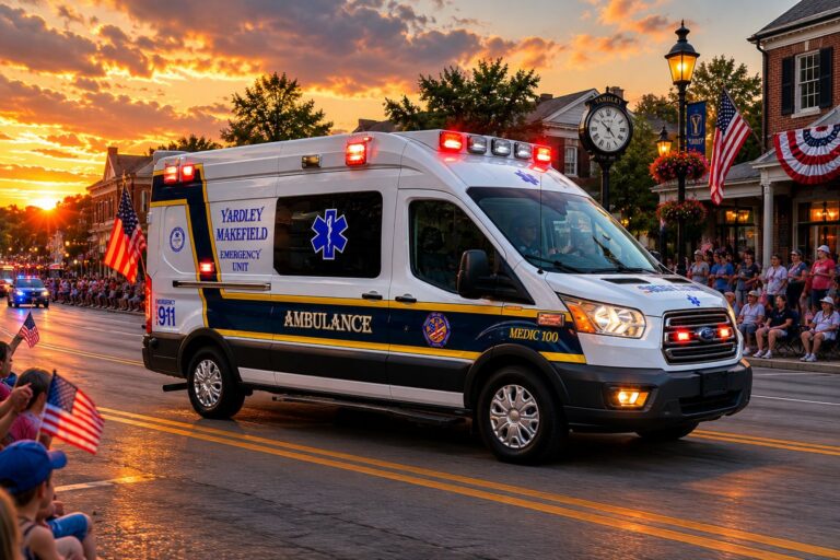YMEU ambulance in a small-town American parade with families waving flags at sunset
